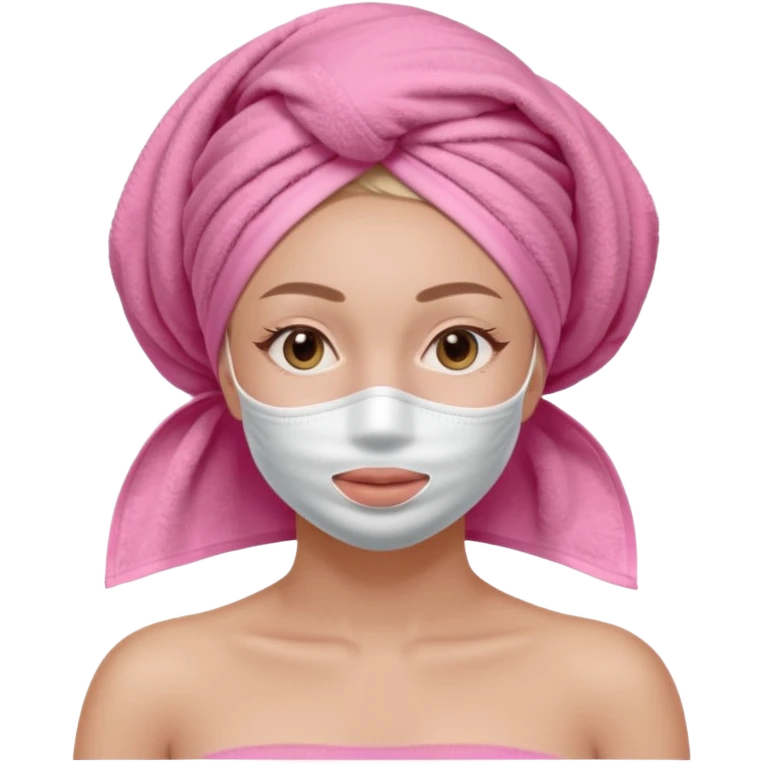 Clean girl influencer character, chest-up portrait, wearing a pink towel wrapped around the head, full face facial skincare mask on face, relaxed confident expression, soft glow skin, minimal chic aesthetic, subtle beauty accessories, calm self-care vibe emoji