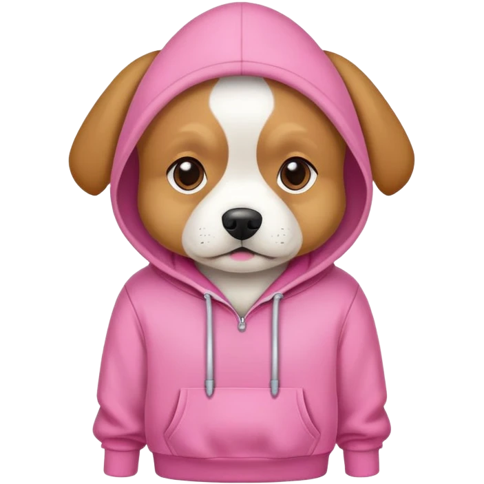 dog wearing a hoodie that’s pink emoji