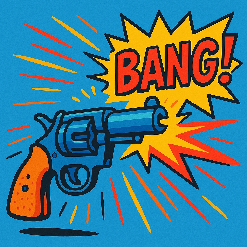 cartoon-style revolver firing with comic-style 'BANG' text popping out from the barrel instead of a bullet, vibrant toon style, bright colors, exaggerated motion lines emoji