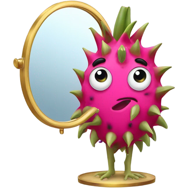 3D elegant Pitahaya with large shiny eyes 👀 one hand holds the mirror with its reflection 🪞 emoji