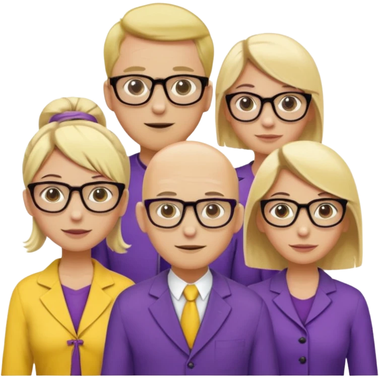 FIVE person team; 2 men and 3 women.  All dressed in yellow or purple.  2 caucasian women have blonde and 1 has ash blonde hair tied up.  1 man is black and bald, 1 man is caucasian and very little hair left.  All have glasses emoji
