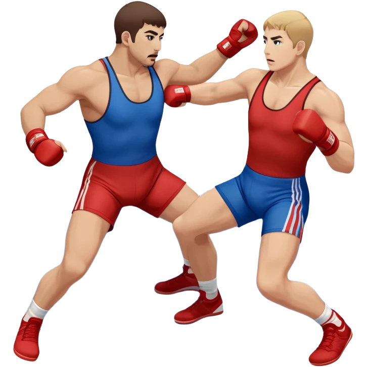 Two Sambo fighters in blue and red gis with shorts and wrestling shoes, executing gripping and throwing techniques. The fighters are engaged in a dynamic, action-packed moment with no strikes. The background features a wrestling mat, focusing on the technique and control. Transparent background  emoji