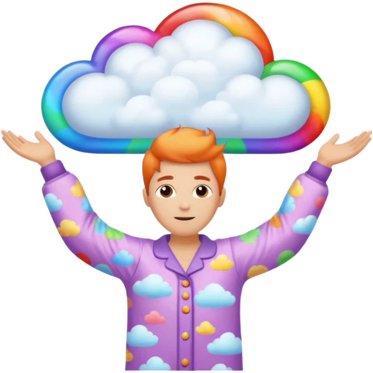 person in pajamas with arms wide, colorful dream cloud above head emoji
