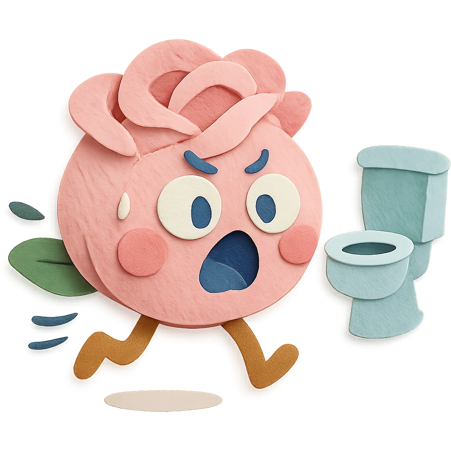 soft pink rose flower with puffed cheeks making a panicked toilet run, eyes bulging, legs dashing, pastel tones, chibi round shape emoji