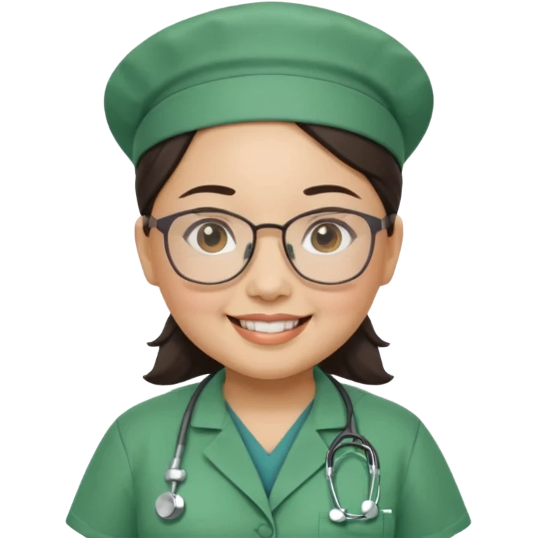 FILIPINA FEMALE NURSE, CHUBBY, NO HAIR, WITH GLASSES, GREEN SCRUBS, AND CAP, SMILING emoji