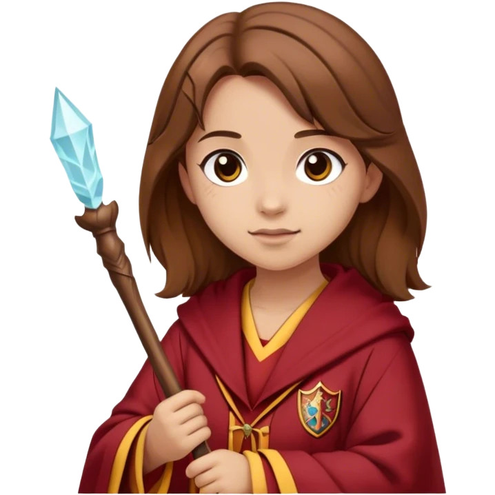 Girl with Girls Brown hair and a gryffindor Robe and a small wooden wand and light Skin emoji