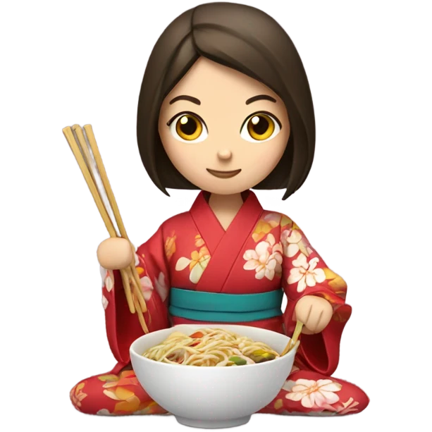 Brunette in a kimono eating noodles with chopsticks emoji