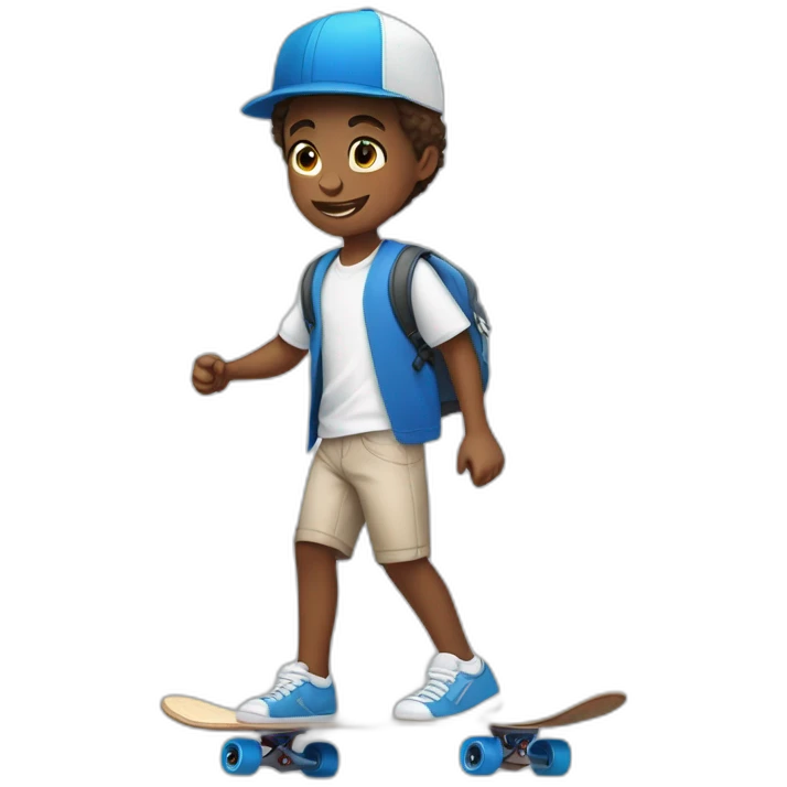 Boy in blue school shorts and white shirt sleeve shirt riding a skateboard emoji