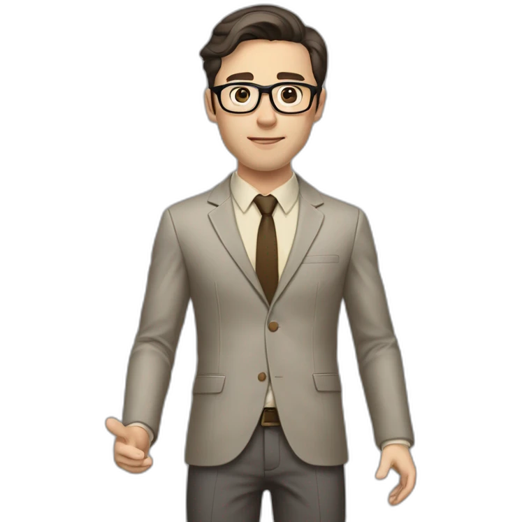 Full height Actively Gesturing Pale skinned fit man with dark brown hair in gray jacket, beige office shirt, brown tie, brown pants and vintage glasses. emoji