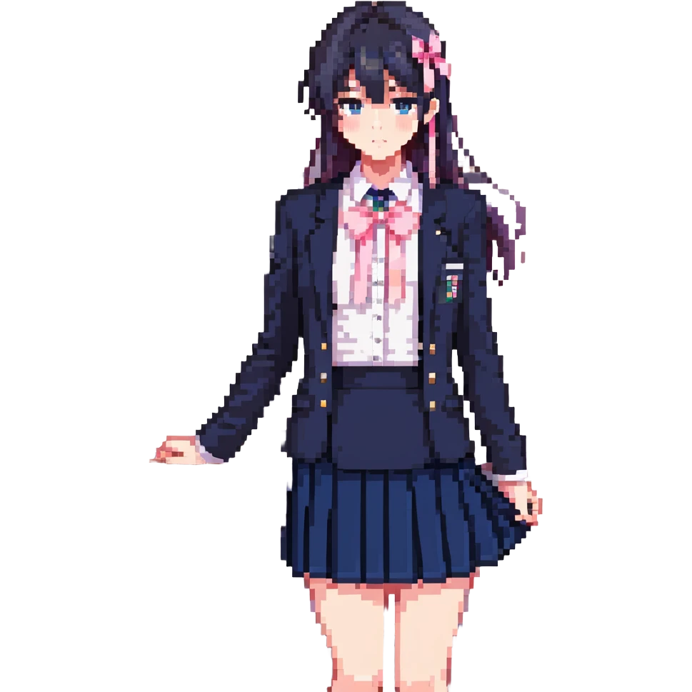Japanese anime schoolgirl in a navy blazer, white blouse with pink ribbon, navy pleated skirt, standing in a classroom at sunset with orange glow and long shadows, one desk pulled out, black shoes, looking toward window, mood of absence and longing emoji