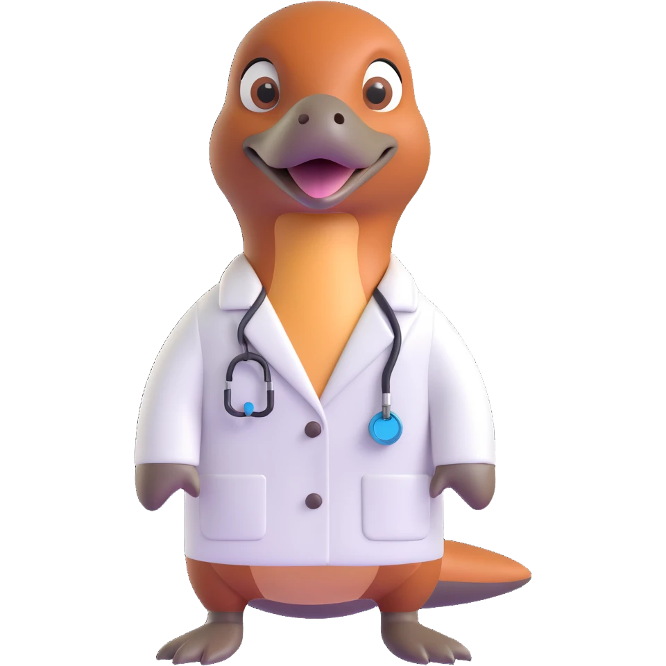 platypus scientist in a white lab coat, standing, friendly expression emoji