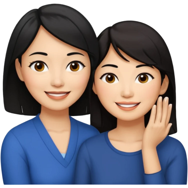 Middle aged light brown skinned woman with black hair, beside a middle aged asian woman with dark brown hair touching their cheek emoji