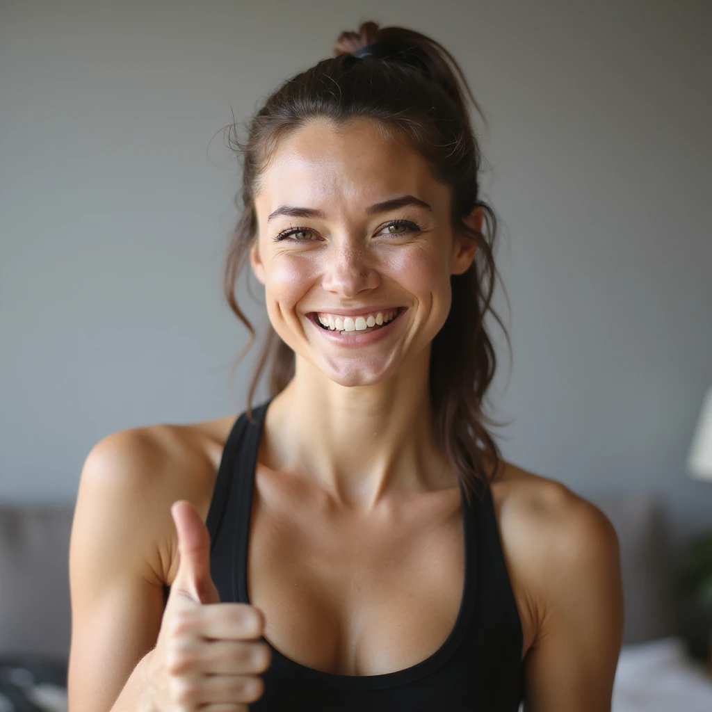 happy athletic toned woman smiling making thumbs up gesture with one hand, hyperrealistic details, 4K, natural light, neutral environment emoji