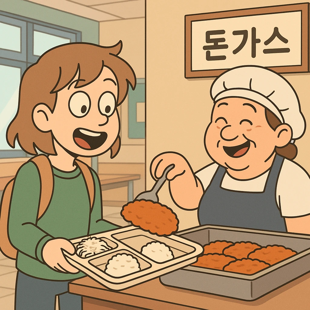 돈가스 being served in a school cafeteria, cheerful style emoji