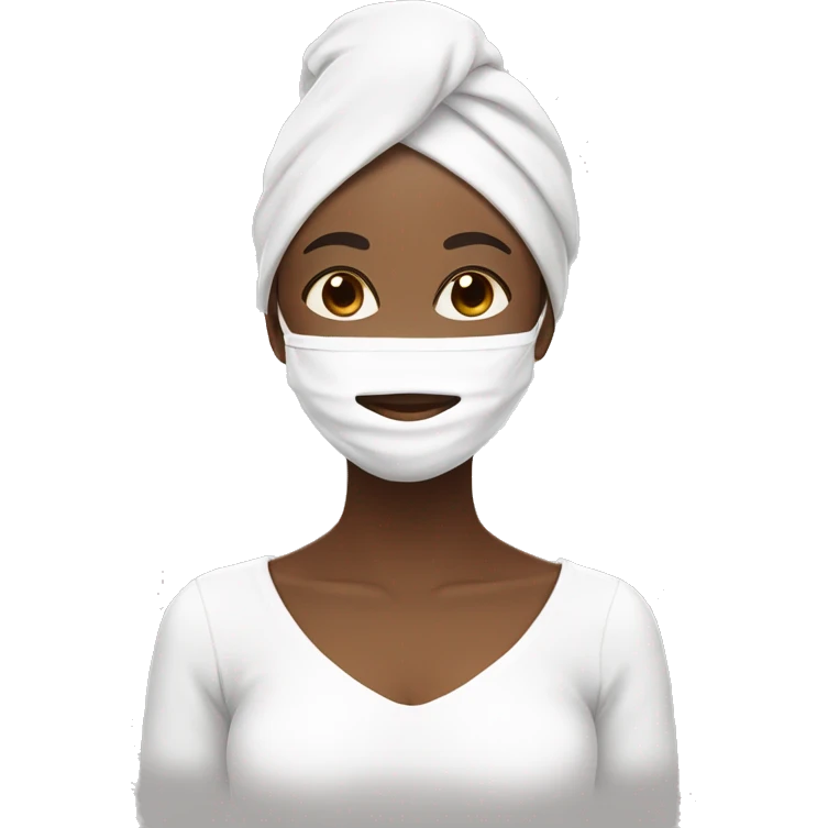 brown skin girl with white face mask in white towel with another white towel wrapped on her head closing her eyes and smiling emoji