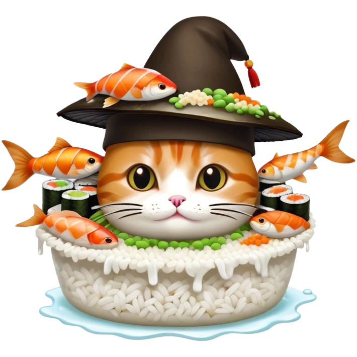 cat wearing a sushi hat with rice base, multiple fish pieces on top, wasabi accent, and lots of soy sauce heavily dripping down the sides, abundant sauce flowing from sushi hat emoji
