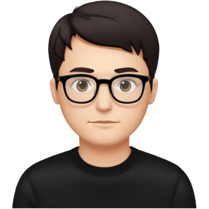 crea un uomo con i capelli corti scuri, occhiali da vista neri rettangolari e un maglione nero emoji