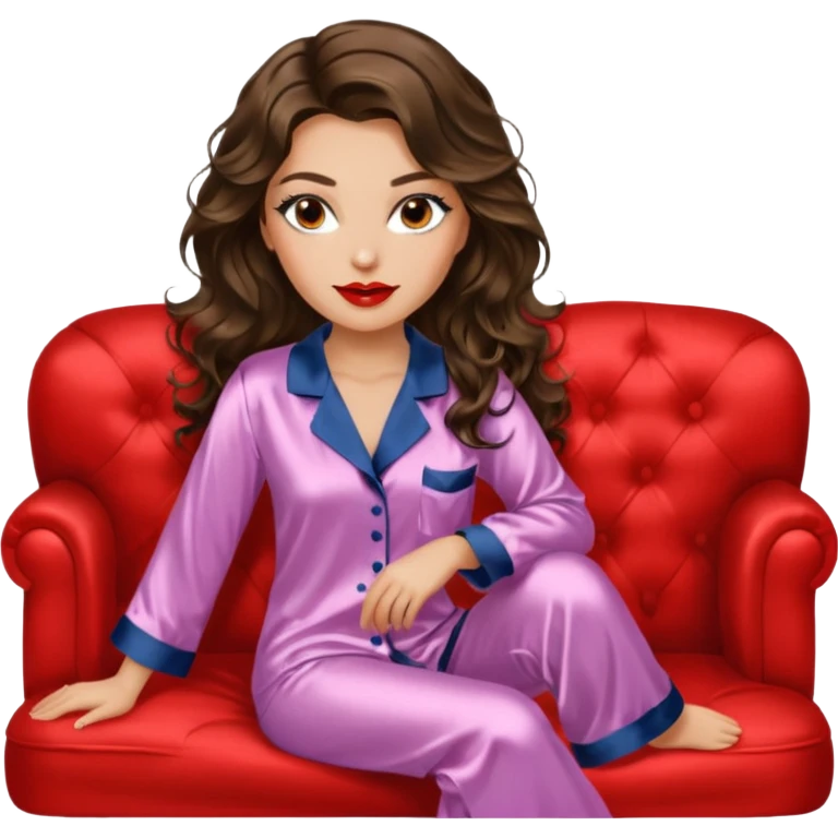 Woman with brunette hair light tanned skin reading on sofa. Long wavy hair. Beige ivory colours. Silk pyjamas. Realistic. Foxeye with lashes. Glamorous makeup emoji