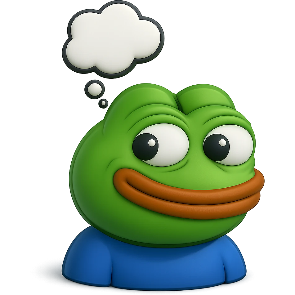 make a pepe in bright green smiling with thought bubble looking at right left in 3d style, good highlights and shadows, drop shadows emoji