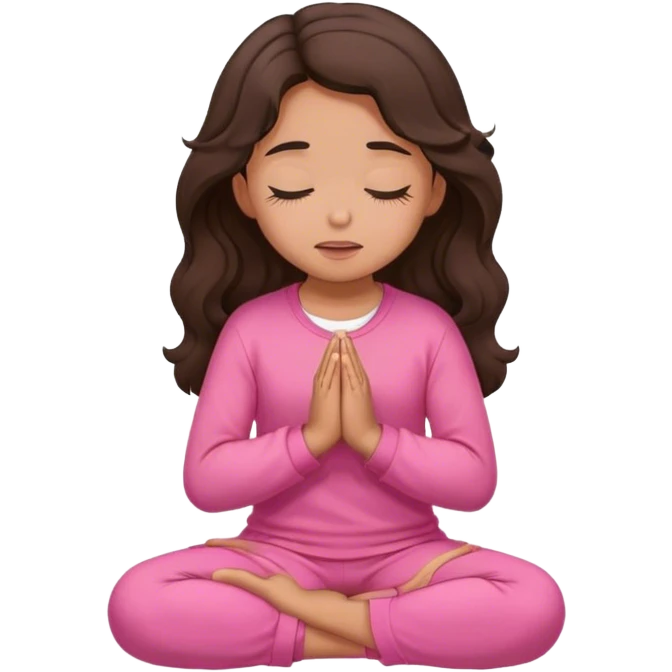 Girl with wavy dark brown hair and slight tan skin praying with a pink outfit on her knees with her eyes closed  emoji