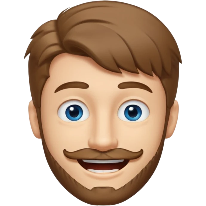 25 year old man, short scruffy beard and thin moustache, brown puffy mullet, blue eyes, big smile, white teeth, big lips, pronounced jaw, hair longer in back, sticking up on top, thin face emoji