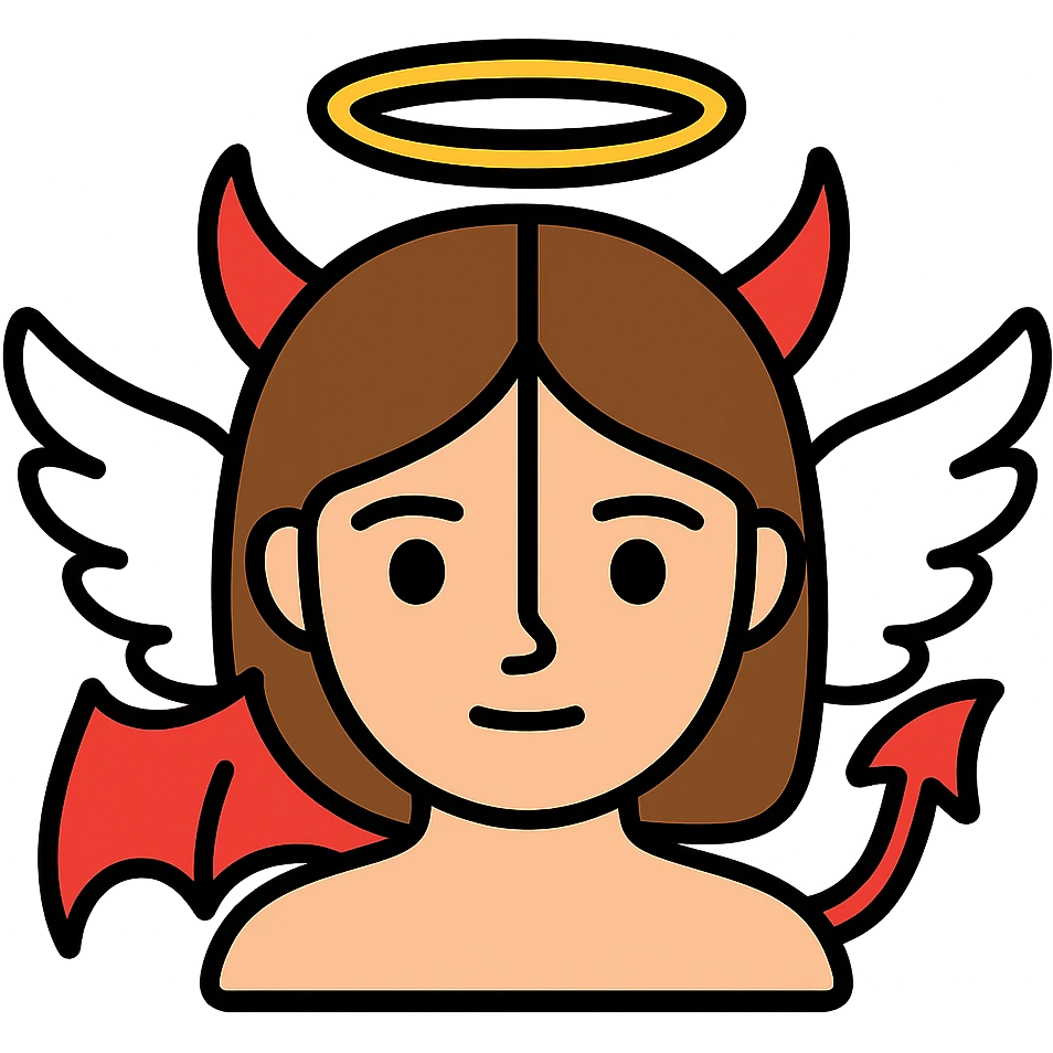 Edit this image to depict a brown-haired girl with half angel (halo, white wing) and half devil (horn, red wing) features merged into one face. Remove the background. emoji