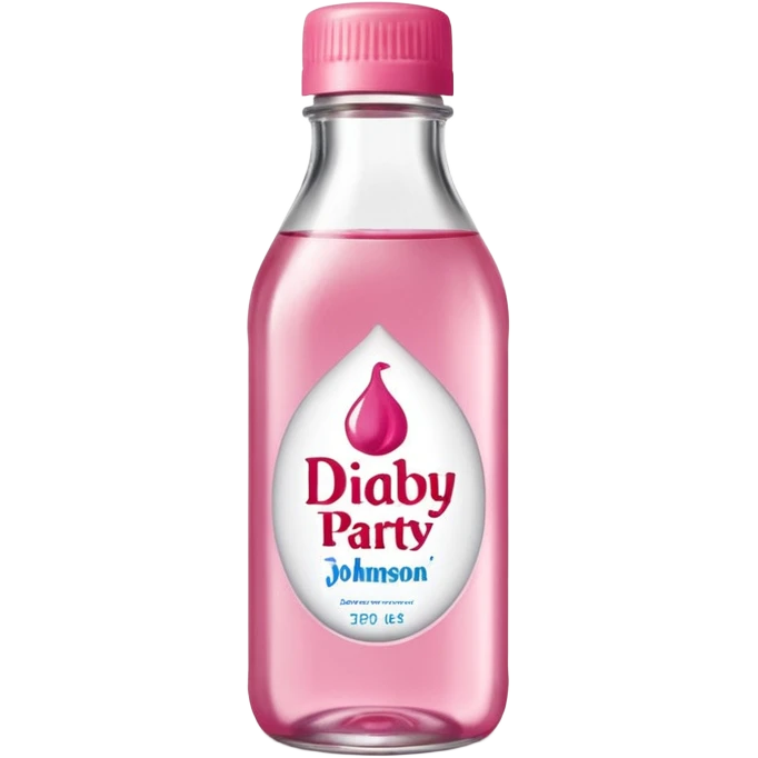 realistic Johnson and Johnson style bottle pink cap pink label clear bottle with berry party written on the logo with diddy logo leaking oil from the top emoji