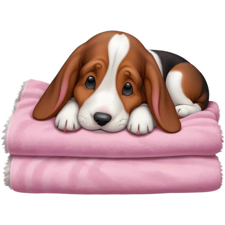 A baby basset hound sleeping on a baby pink blanket  emoji