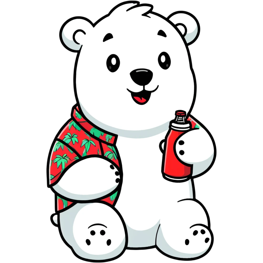 polar bear in a colorful Hawaiian shirt with Coke bottle pattern, sipping Coca-Cola emoji