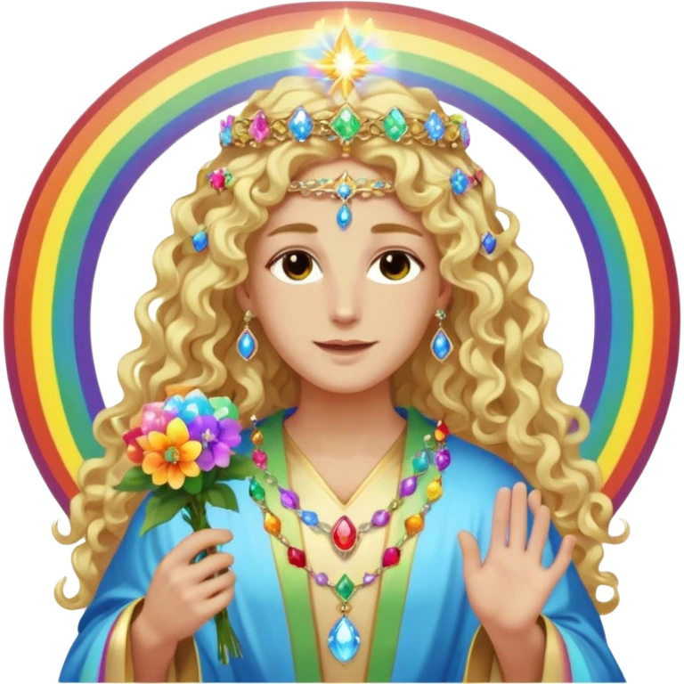 a being made of light pleidian nordic long faces and curly huge thick blond hair but beautiful features of light wearing jewels and a rainbow halo like a saint arount her a robe on made of light and gem  transparent belly dancer and who is lanky holding a bouquet of crystal flowers on rainbow fire emoji