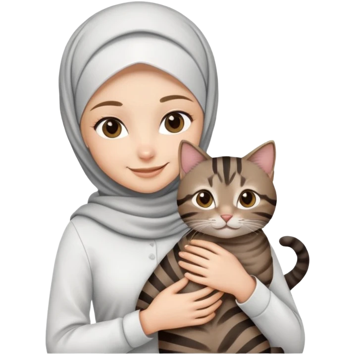 White girl wearing hijab with white shirt smiling while holding a black grey brown stripes tabby cat emoji