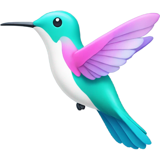 Blue white pink, teal green purple, flying hummingbird with a smile emoji