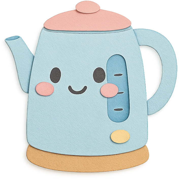 chibi electric kettle, full body, blushing cheeks, pastel tones, hand-drawn style emoji