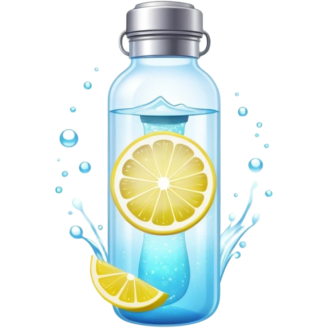 Ethereal glowing water bottle with floating lemon slice and sparkling creatine powder, surrounded by magical aura emoji