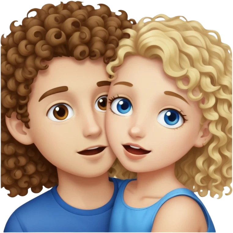 brown hair curly girl with brown eyes bititng a blonde boy with blue eyes emoji