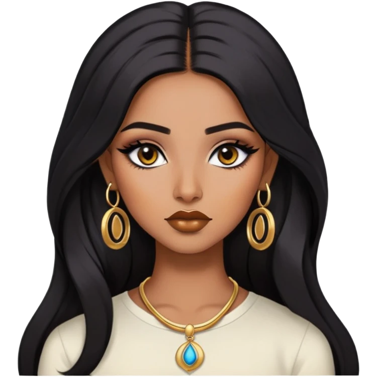 indian girl, brown skin, long black voluminous hair, brown underneath colored hair, baddie,pretty, makeup, lipliner, black eyeliner, gold hoop earrings, white top emoji