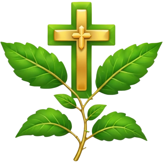 "A clean, friendly emoji of three vibrant green Tulsi (Holy Basil) leaves centered over a small, glowing golden cross or 'plus' sign, symbolizing healing. Simple, flat, 32x32 pixel icon style. Transparent background. Icon for natural healing and wellness." emoji