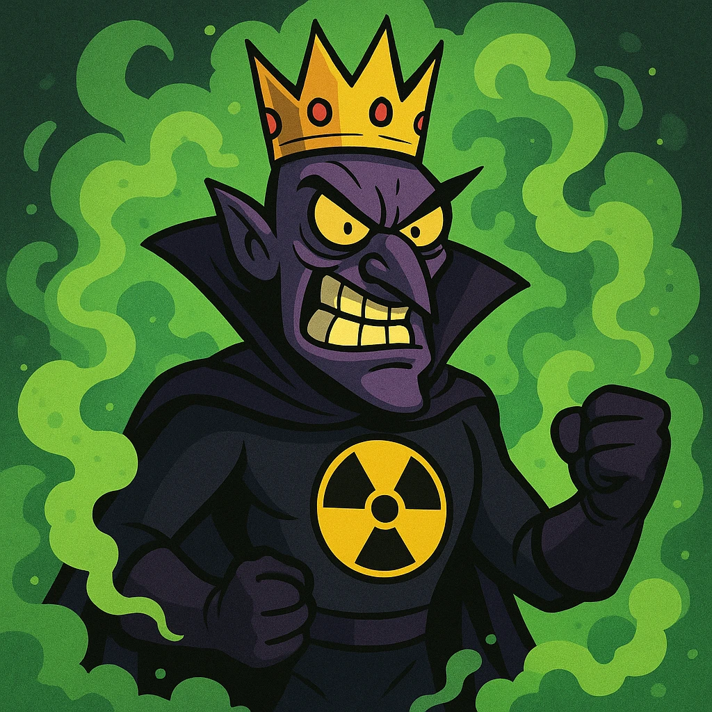 cartoonish villain with a nuclear symbol on its chest, surrounded by green radioactive smoke and a crown, looking intimidating emoji