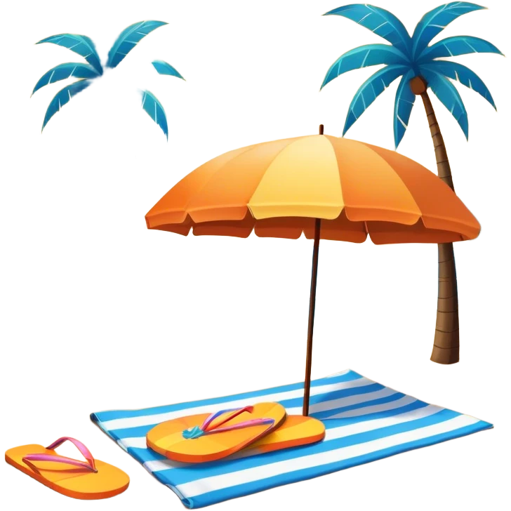 Icon for Beach Tourism: with the blue ocean, orange sunset, yellow sand beach and palm trees in the background, a sun umbrella, flip-flops, and a beach towel on the sand. The icon should represent relaxation and fun at the beach. Transparent background emoji