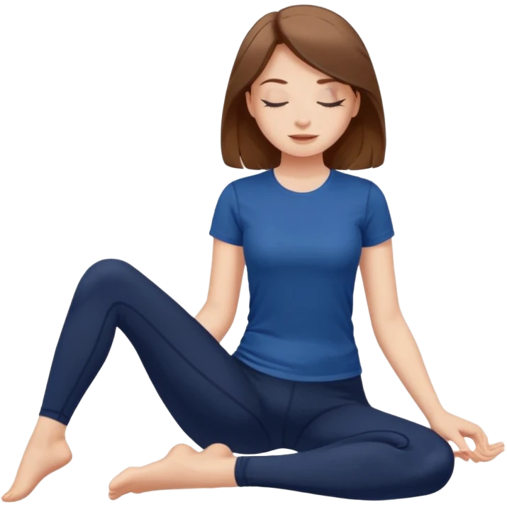 Brown long haired white girl with closed eyes in dark blue leggings and a black t-shirt sits on the splits emoji