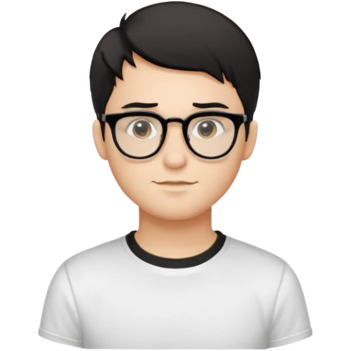 Style anchor + Young adult male American, light-medium skin, short black hair, white crew-neck tee, thin black-rim glasses, friendly neutral. emoji