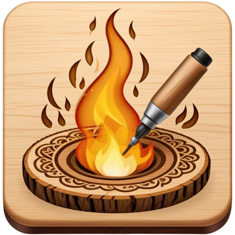 Pyrography icon, wooden surface with detailed burn marks, intricate patterns being burned into wood with pyrography tool, minimalistic style, clean lines, transparent background. emoji