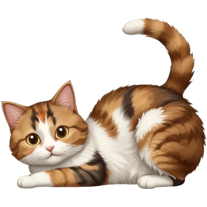 brown tabby and white cat with doing a big extremely long stretch reaching up into the air with arms and legs side by side together straight and overextended whilst lying on its side emoji