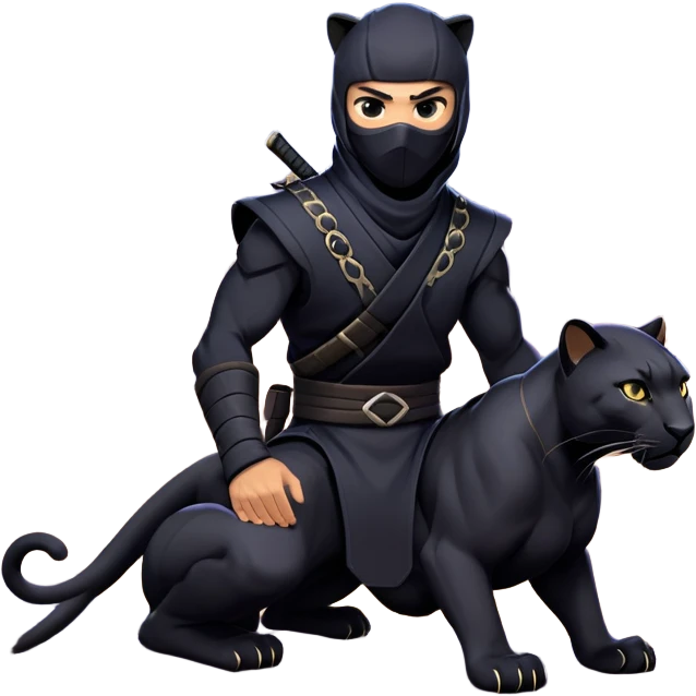 clash-of-clans-aesthetic_-cinematic-mysterious-male-ninja-portrait-emoji, rendered in a flat, vector-style with minimal shading and bold, simplified shapes, with a head slightly turned revealing intense, focused eyes, perched atop a sleek, agile panther with glossy fur moving silently through shadowed urban rooftops and moonlit alleyways. emoji
