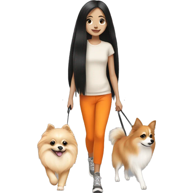 pale girl with long black hair walking with orange pomeranian emoji