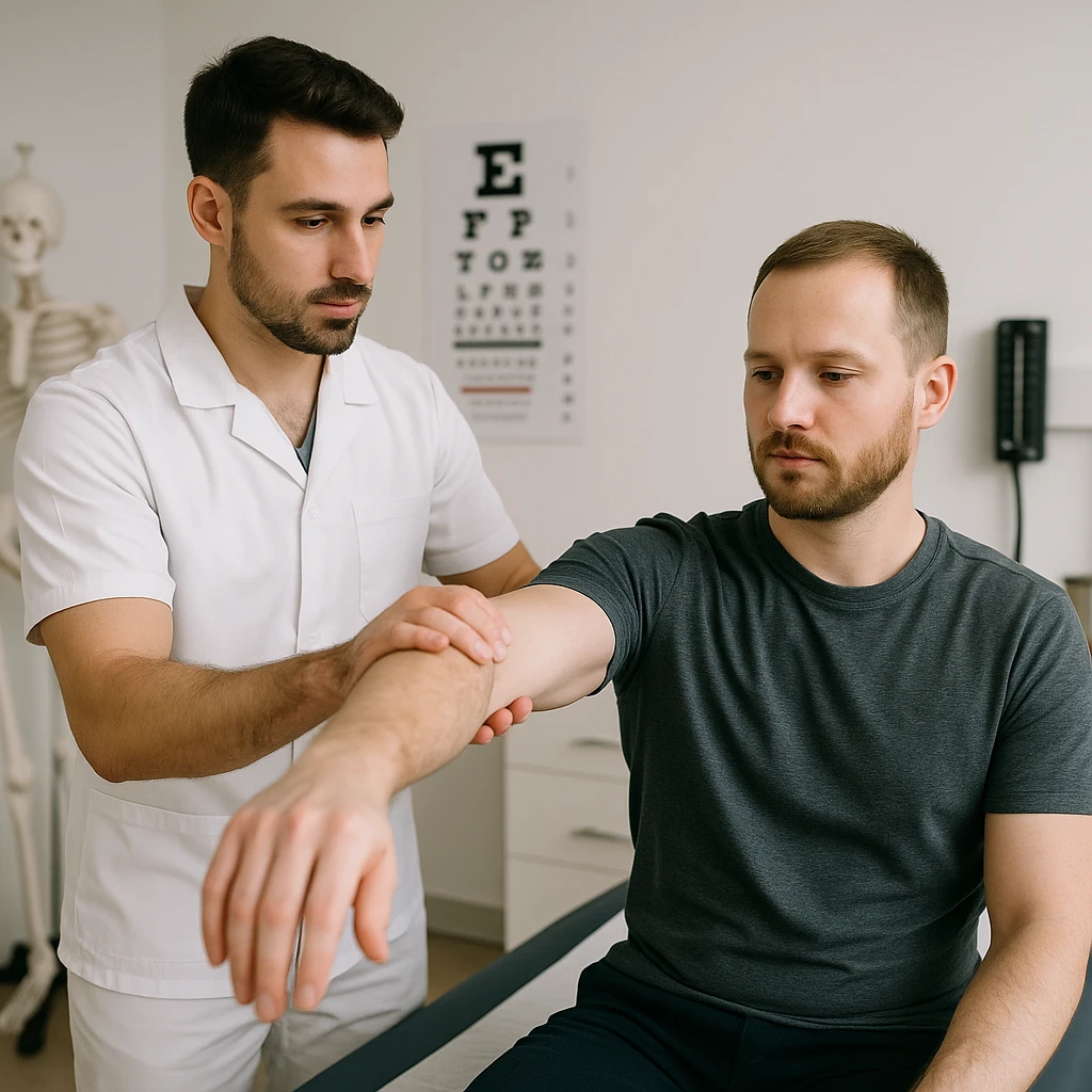 realistic image of a kinesiologist assessing joint mobility of a patient in a medical environment with clinical instruments, professional atmosphere emoji