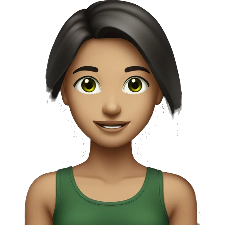 smiling girl with long dark brown hair dark green eyes black tanktop  emoji