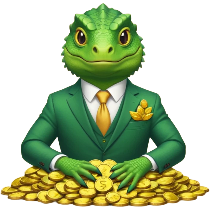 capitalist iguana in suit lying on coins emoji