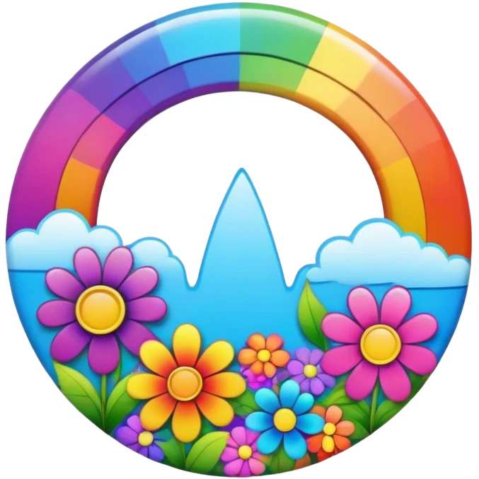 A round psychedelic colored button with a bezeled rainbow and colored hippie style flowers emoji