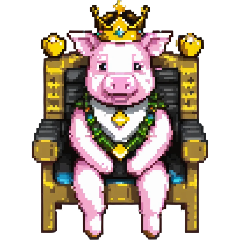 Minecraft style pig with a golden crown sitting on a throne, inspired by Technoblade emoji